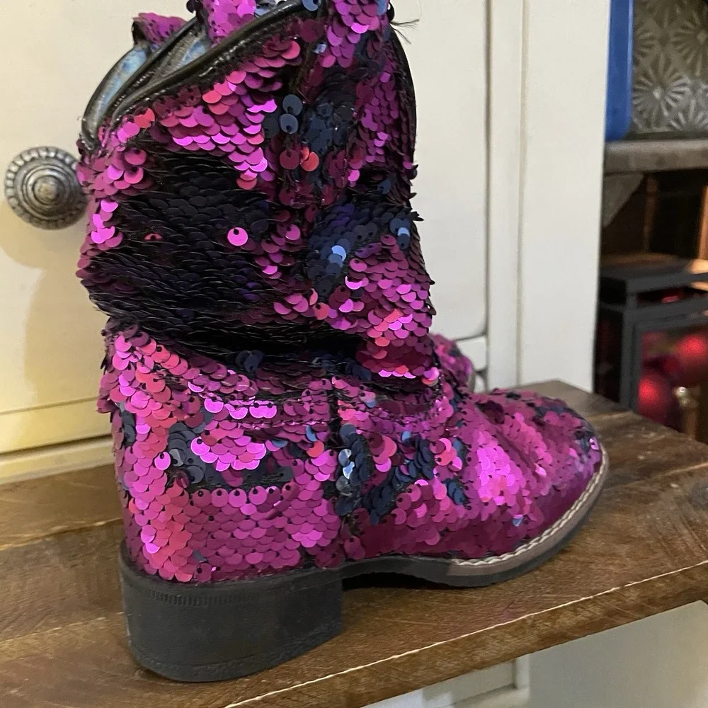 Laredo Girls 10‎ Cowboy Boots Pink Sequins Shiny Cowgirl Glam Princess Dan Post